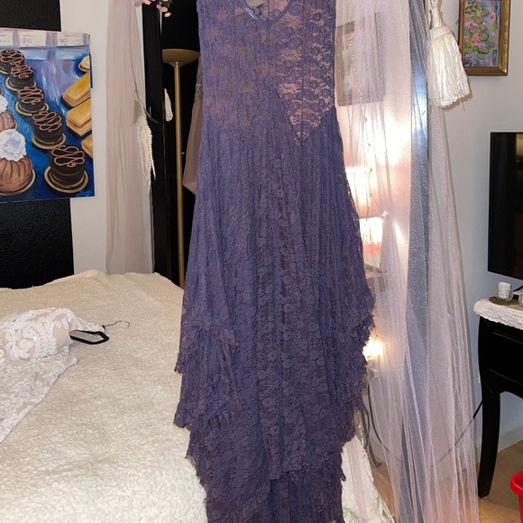 Purple Sheer Lace Victorian Tea Length Midi Dress - Picture 8 of 12